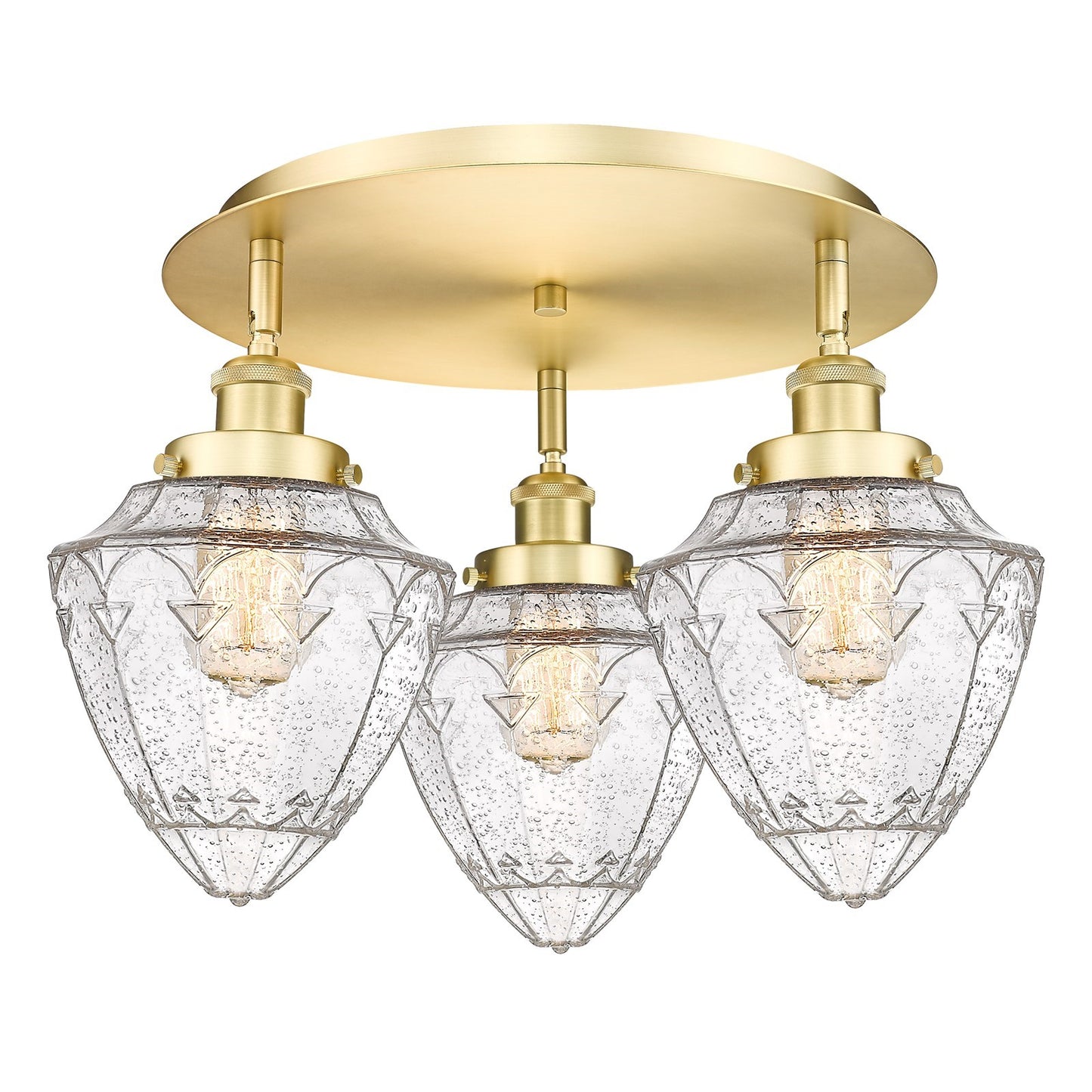 Innovations Bullet 19in 3-Light Semi-Flush Mount | Industrial Satin Gold Steel and Seedy Glass | Damp-Rated Entryway & Hallway | Model 916-3C-SG-G664-7