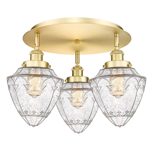 Innovations Bullet 19in 3-Light Semi-Flush Mount | Industrial Satin Gold Steel and Seedy Glass | Damp-Rated Entryway & Hallway | Model 916-3C-SG-G664-7