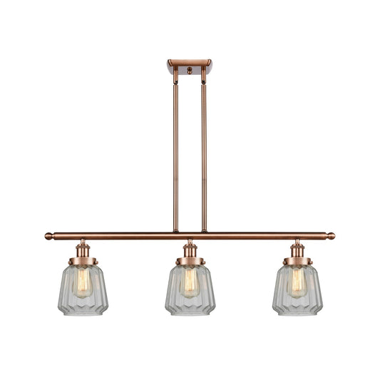 Innovations Chatham 36in 3-Light Island Light | Modern Transitional Antique Copper Steel and Cast Brass with Clear Ribbed Glass | Model 916-3I-AC-G142