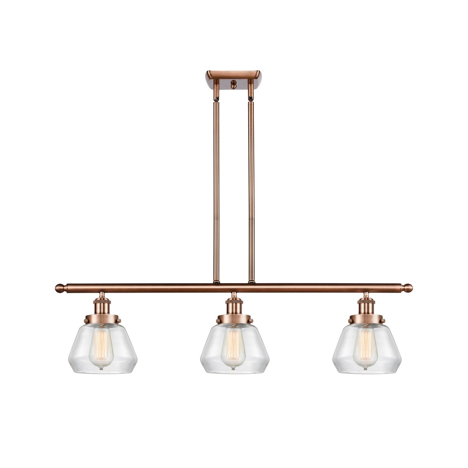Innovations Fulton 36in 3-Light Island Light | Antique Copper Steel and Clear Glass Schoolhouse Shades | Kitchen Island & Dining | Model 916-3I-AC-G172