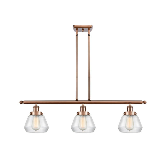 Innovations Fulton 36in 3-Light Island Light | Antique Copper Steel and Clear Glass Schoolhouse Shades | Kitchen Island & Dining | Model 916-3I-AC-G172