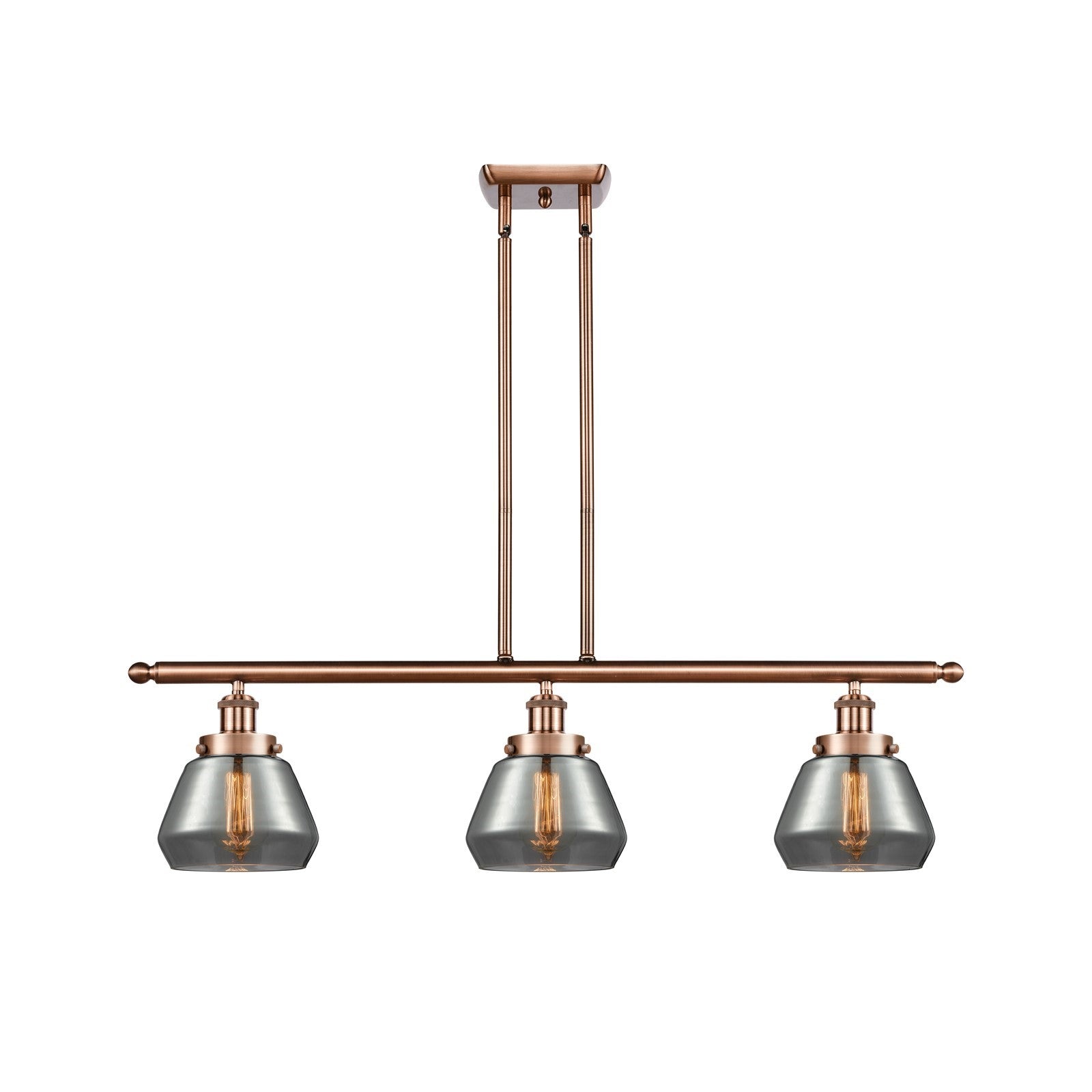 Innovations Fulton 36in 3-Light Island Light | Antique Copper Steel and Smoked Glass Schoolhouse Shades | Kitchen Island & Dining | Model 916-3I-AC-G173