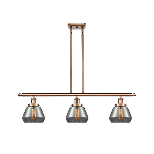 Innovations Fulton 36in 3-Light Island Light | Antique Copper Steel and Smoked Glass Schoolhouse Shades | Kitchen Island & Dining | Model 916-3I-AC-G173
