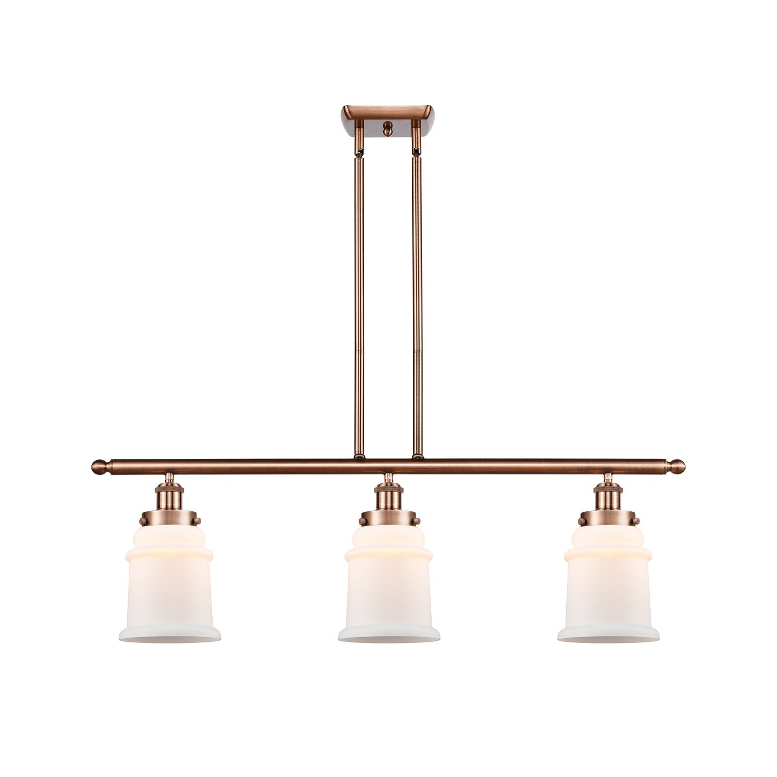 Innovations Canton 36in 3-Light Island Light | Antique Copper Steel and Matte White Frosted Glass Bell Shades | Kitchen Island & | Model 916-3I-AC-G181