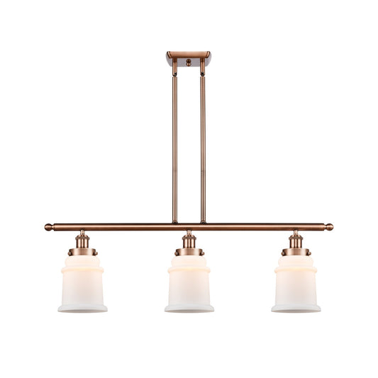 Innovations Canton 36in 3-Light Island Light | Antique Copper Steel and Matte White Frosted Glass Bell Shades | Kitchen Island & | Model 916-3I-AC-G181
