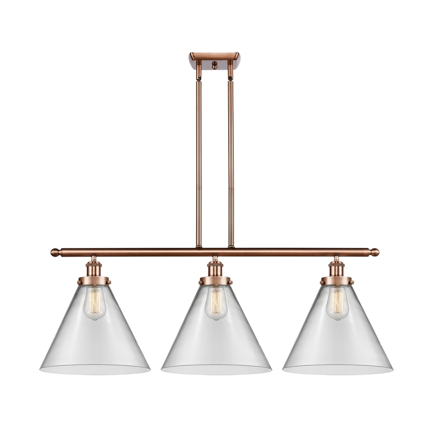 Innovations Cone 36in 3-Light Island Light | Industrial Antique Copper Steel and Clear Glass | Kitchen Island & Dining Room | Model 916-3I-AC-G42-L-LED