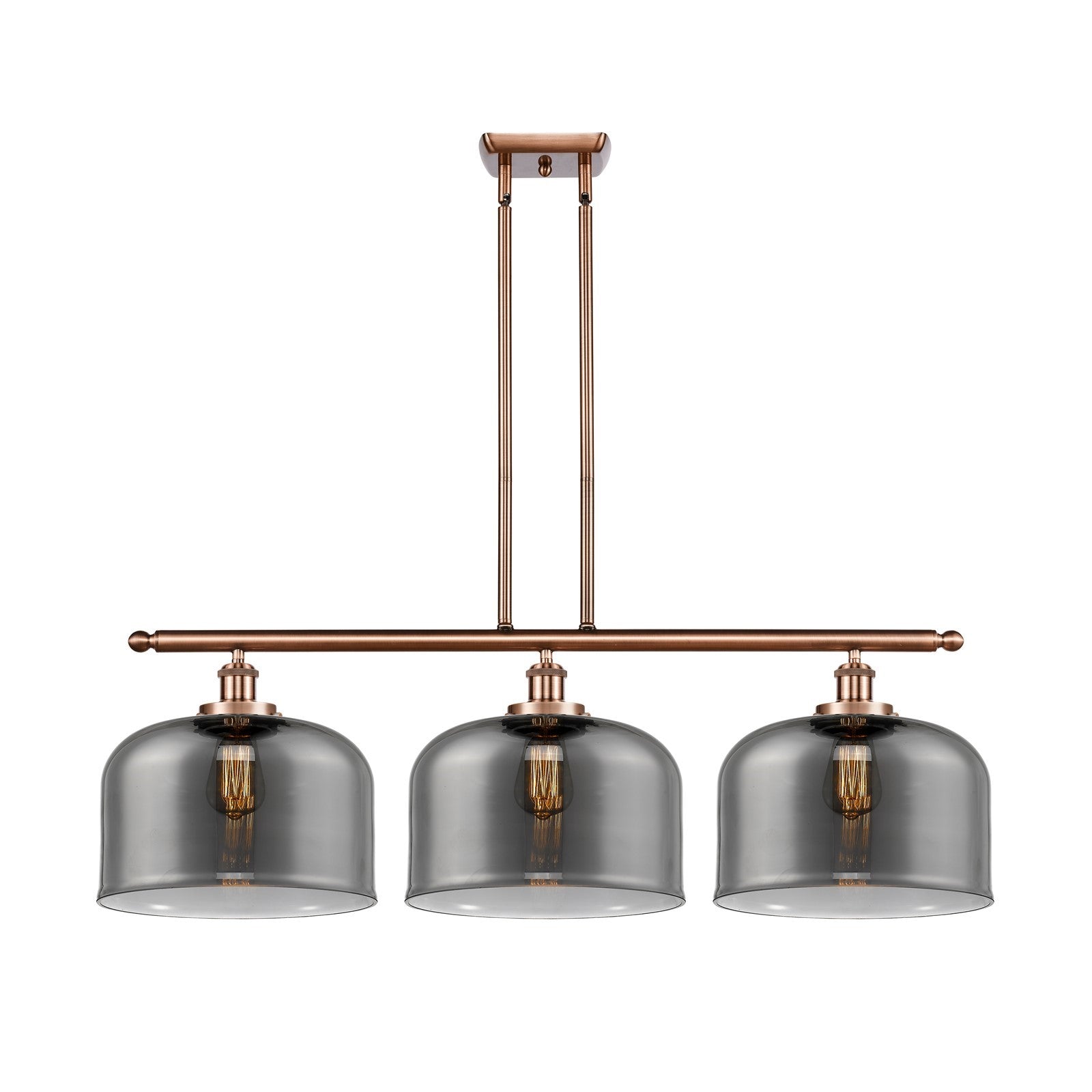 Innovations Bell 36in 3-Light Island Light | Industrial Antique Copper Steel and Light Smoke Glass | Kitchen Island & Dining Room | Model 916-3I-AC-G73-L
