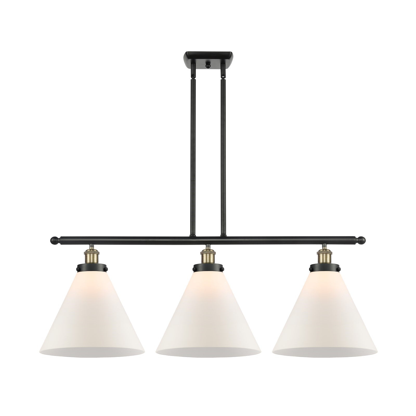 Innovations Cone 36in 3-Light Island Light with LED Bulbs | Industrial Black Antique Brass Steel and Matte White Frosted | Model 916-3I-BAB-G41-L-LED