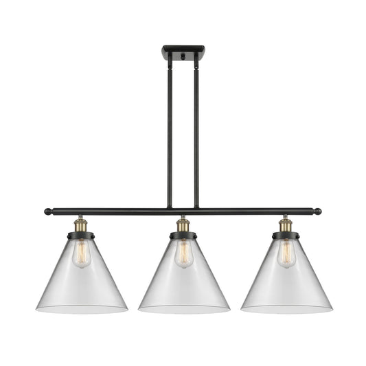 Innovations Cone 36in 3-Light Island Light | Industrial Black Antique Brass Steel and Clear Transparent Glass | Kitchen Island & | Model 916-3I-BAB-G42-L