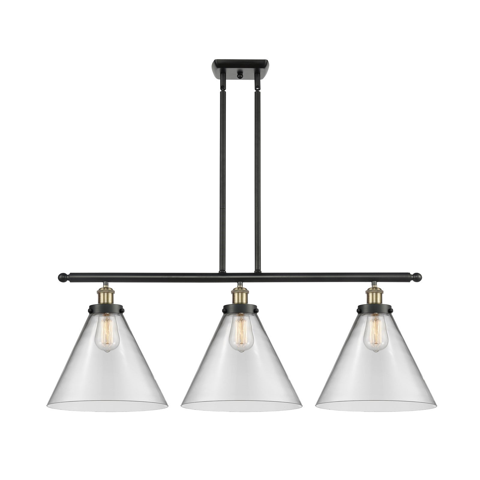 Innovations Cone 36in 3-Light Island Light | Industrial Black Antique Brass Steel and Clear Glass | Kitchen Island & Dining | Model 916-3I-BAB-G42-L-LED