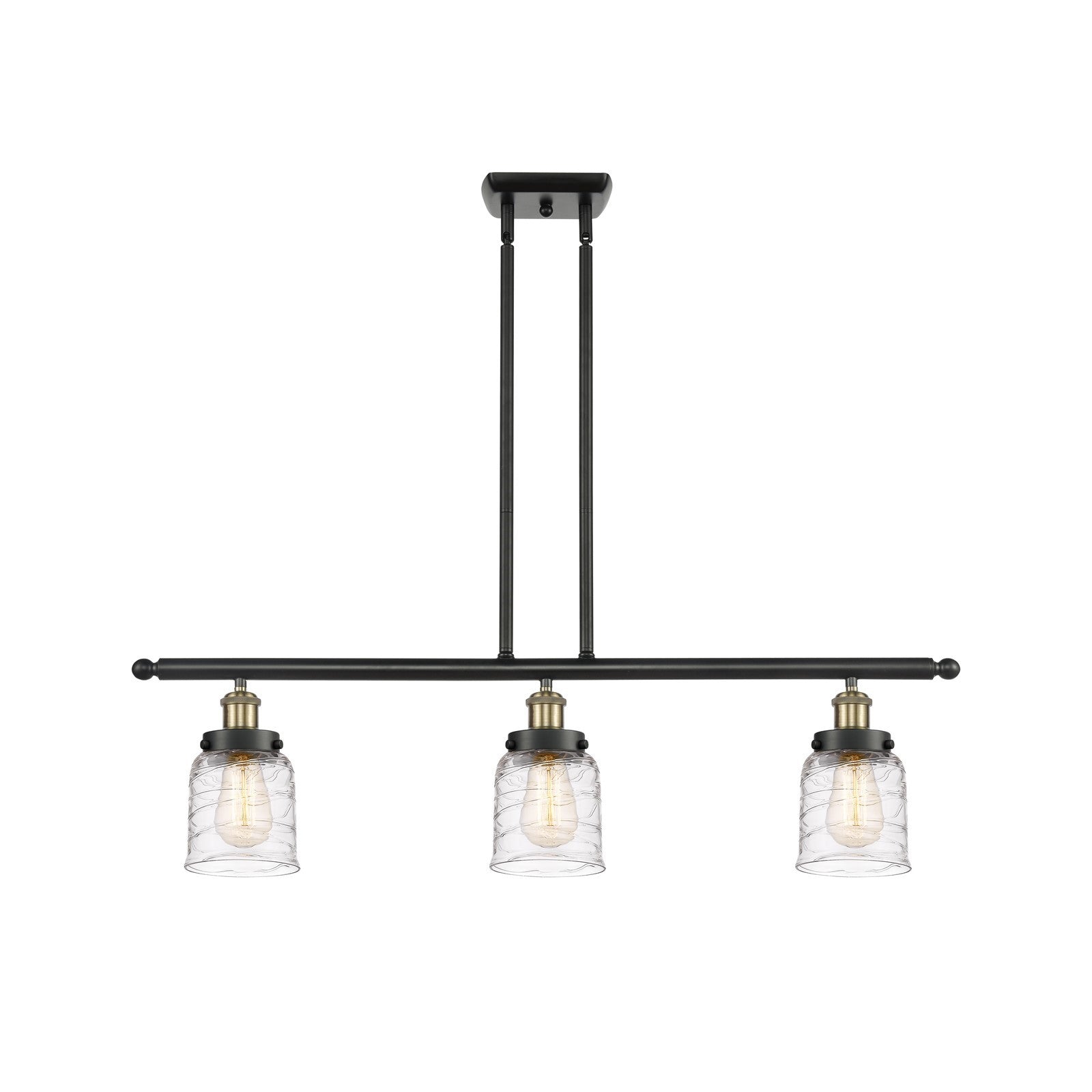 Innovations Bell 36in 3-Light Island Light | Industrial Black Antique Brass Steel and Clear Deco Swirl Glass | Kitchen Island | Model 916-3I-BAB-G513-LED