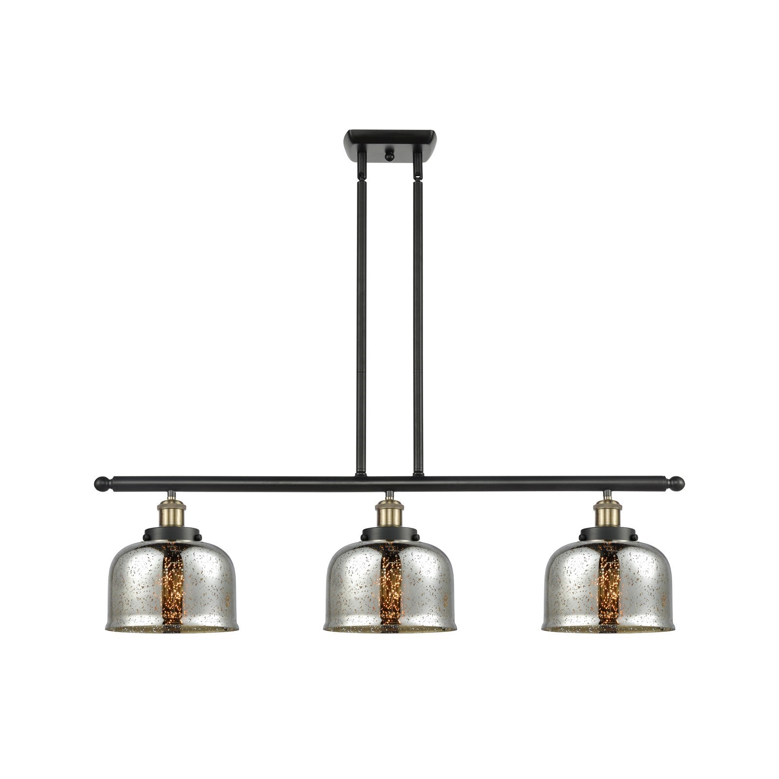 Innovations Bell 36in 3-Light Island Light | Industrial Black Antique Brass Steel and Silver Plated Mercury Glass | Kitchen | Model 916-3I-BAB-G78-LED
