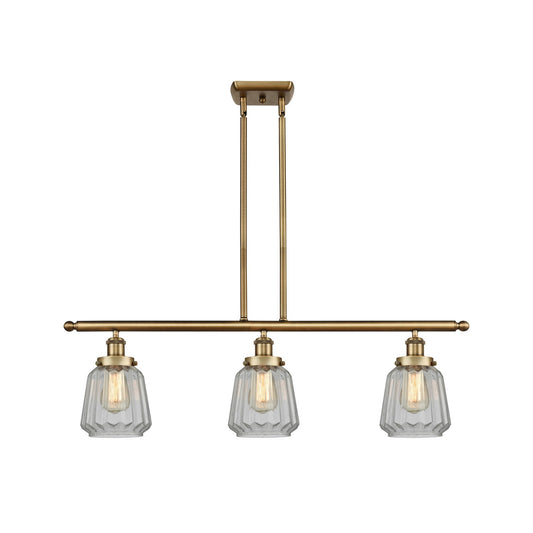 Innovations Chatham 36in 3-Light Island Light | Transitional Brushed Brass and Clear Ribbed Glass | Kitchen Island & Dining Room | Model 916-3I-BB-G142
