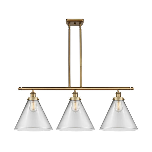 Innovations Cone 36in 3-Light Island Light | Industrial Brushed Brass and Clear Glass | Kitchen Island & Dining Room | Model 916-3I-BB-G42-L