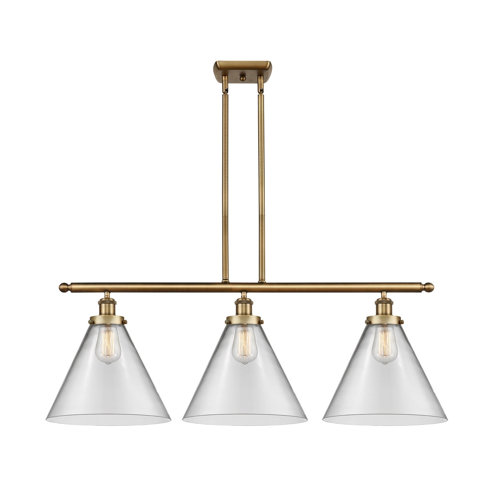 Innovations Cone 36in 3-Light Island Light | Industrial Brushed Brass and Clear Glass | Kitchen Island & Dining Room | Model 916-3I-BB-G42-L-LED