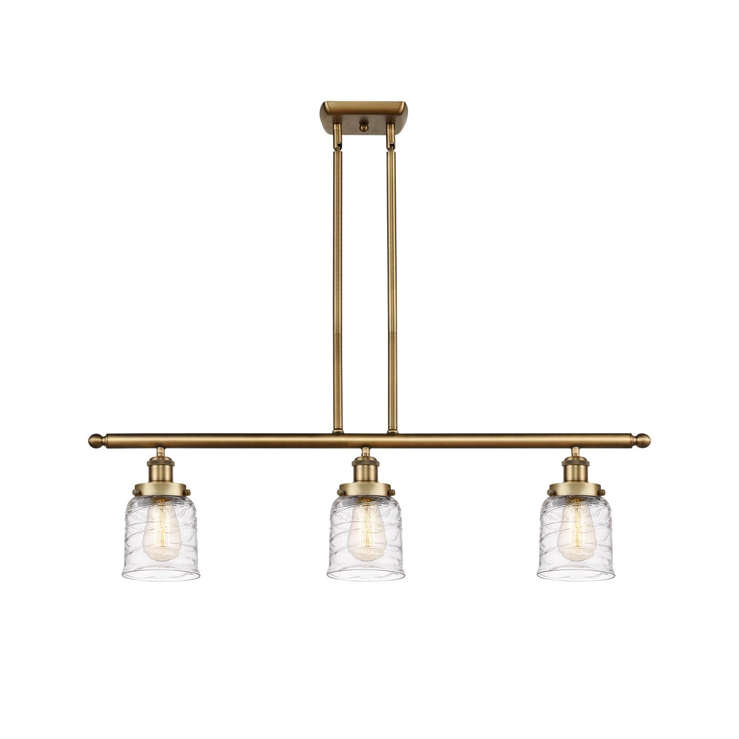 Innovations Bell 36in 3-Light Island Light | Industrial Brushed Brass Steel and Clear Deco Swirl Glass | Kitchen Island & Dining | Model 916-3I-BB-G513