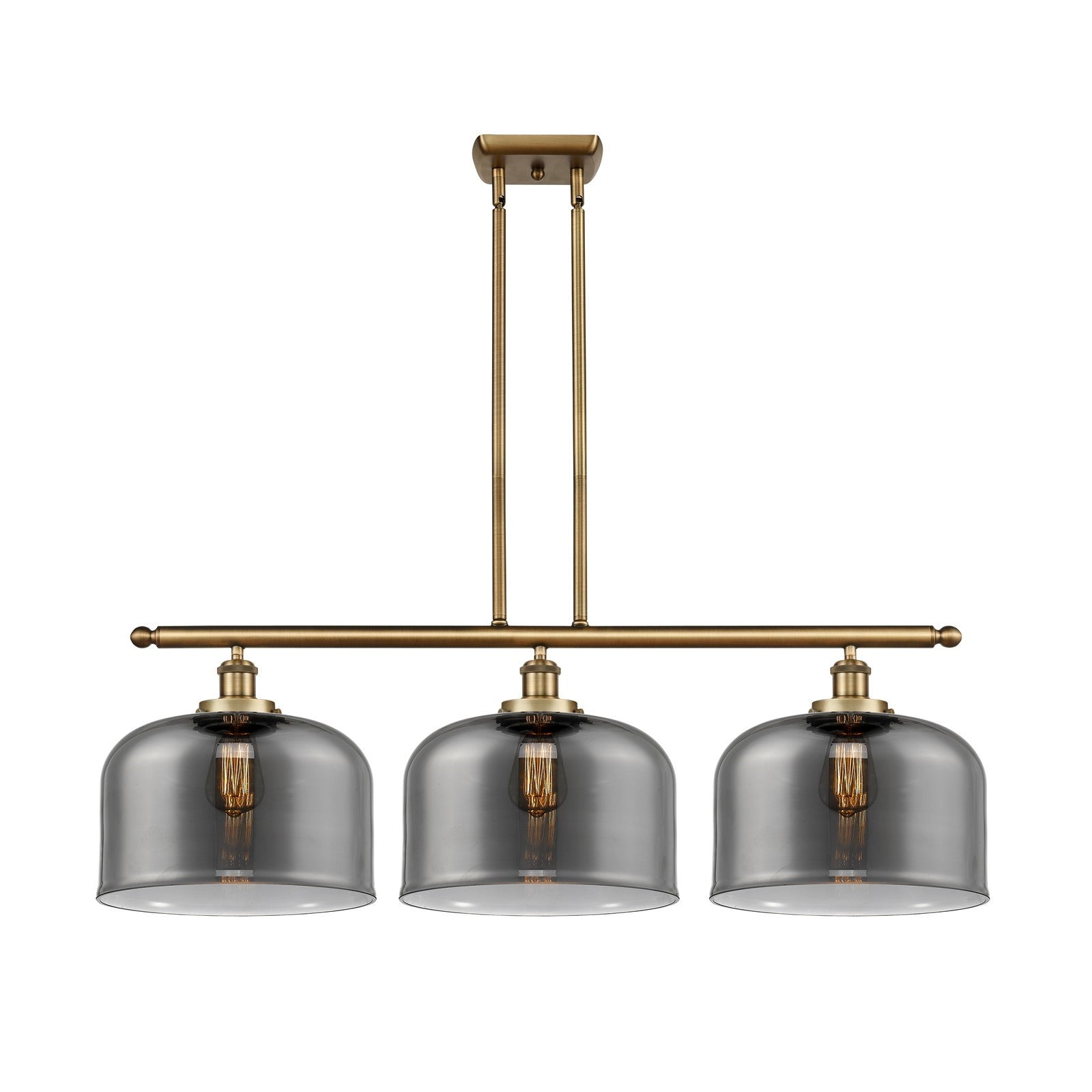 Innovations Bell 36in 3-Light Island Light | Industrial Brushed Brass and Light Smoke Glass | Kitchen Island & Dining Room | Model 916-3I-BB-G73-L