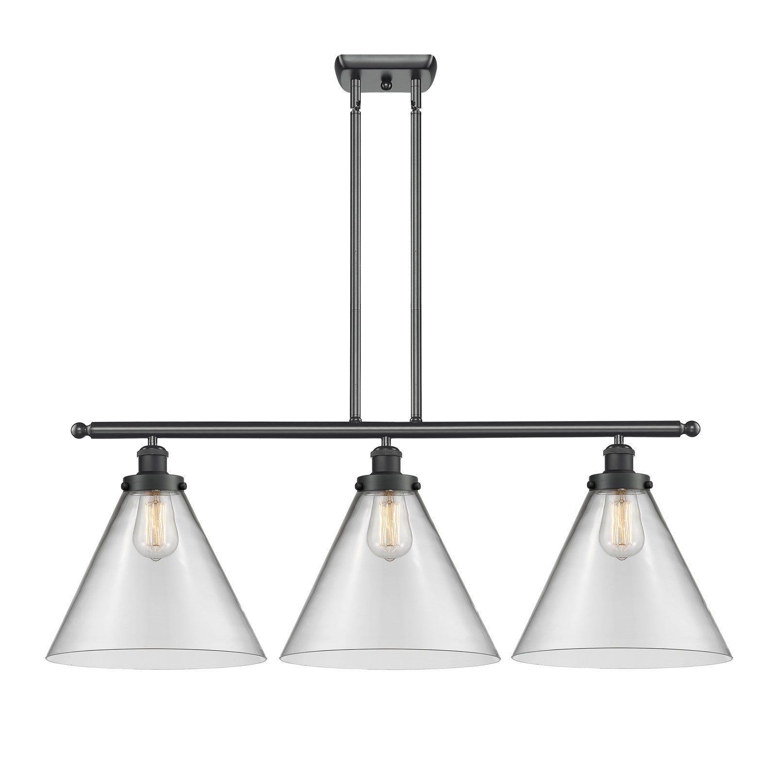 Innovations Cone 36in 3-Light Island Light | Industrial Matte Black Steel and Clear Glass | Kitchen Island & Dining Room | Model 916-3I-BK-G42-L-LED