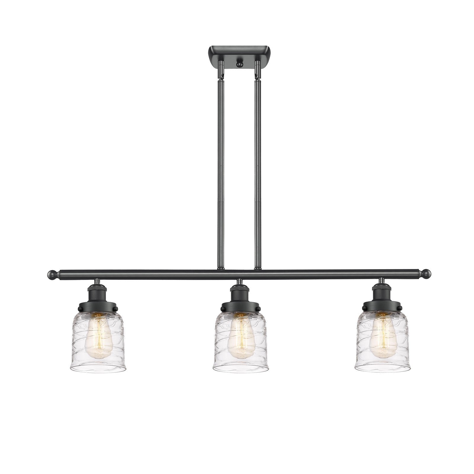 Innovations Bell 36in 3-Light Island Light | Industrial Matte Black Steel and Clear Deco Swirl Glass | Kitchen Island & Dining Room | Model 916-3I-BK-G513