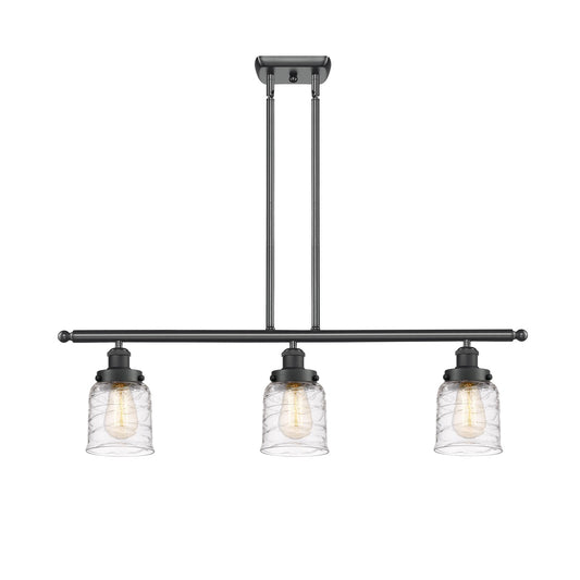 Innovations Bell 36in 3-Light Island Light | Industrial Matte Black Steel and Clear Deco Swirl Glass | Kitchen Island & Dining | Model 916-3I-BK-G513-LED