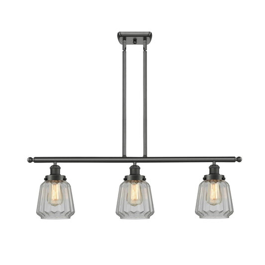 Innovations Chatham 36in 3-Light Island Light | Modern Transitional Oil Rubbed Bronze Steel and Clear Ribbed Glass | Kitchen Island | Model 916-3I-OB-G142