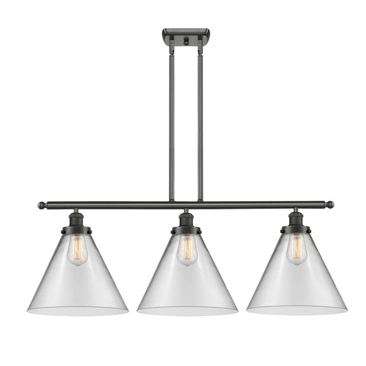 Innovations Cone 36in 3-Light Island Light | Industrial Oil Rubbed Bronze Steel and Clear Glass Shades | Kitchen Island & Dining | Model 916-3I-OB-G42-L