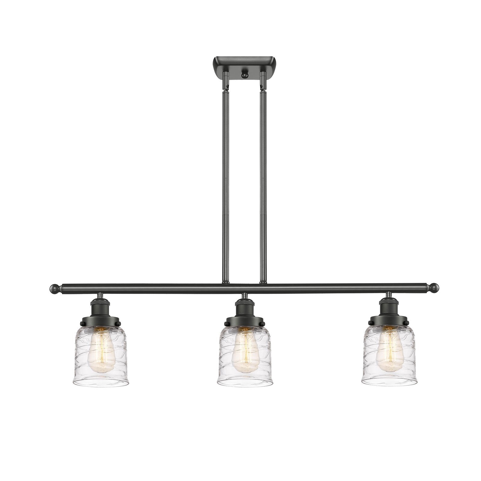 Innovations Bell 36in 3-Light Island Light | Industrial Oil Rubbed Bronze Steel and Clear Deco Swirl Glass | Kitchen Island & | Model 916-3I-OB-G513