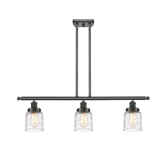 Innovations Bell 36in 3-Light Island Light | Industrial Oil Rubbed Bronze Steel and Clear Deco Swirl Glass | Kitchen Island & | Model 916-3I-OB-G513-LED