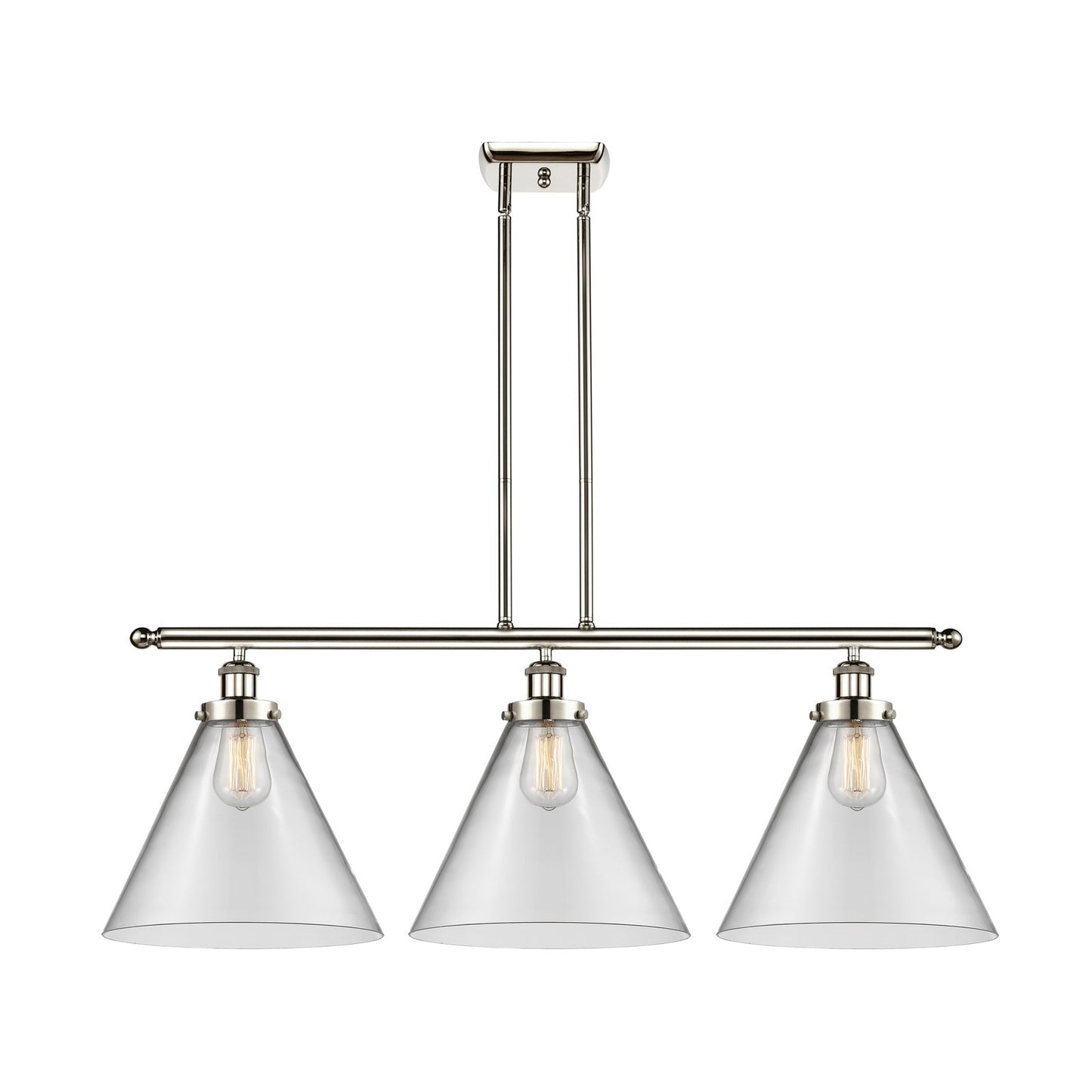 Innovations Cone 36in 3-Light LED Island Light | Industrial Polished Nickel Steel and Clear Cone Glass | Kitchen Island & | Model 916-3I-PN-G42-L-LED