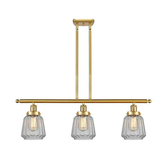 Innovations Chatham 36in 3-Light Island Light | Satin Gold Steel and Clear Ribbed Glass | Kitchen Island & Dining Room | Model 916-3I-SG-G142