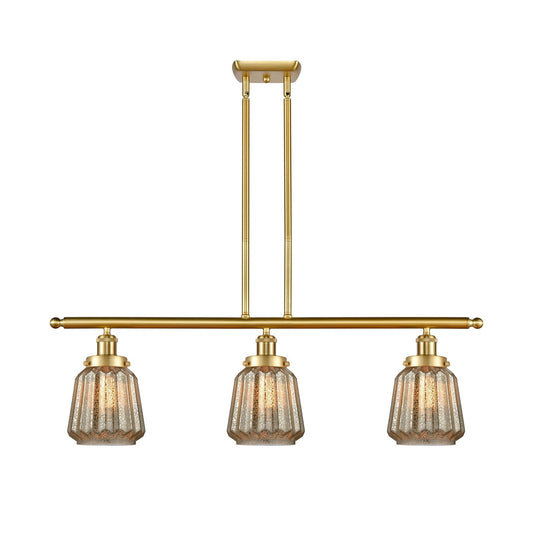 Innovations Chatham 36in 3-Light Island Light | Satin Gold Steel and Mercury Ribbed Glass | Kitchen Island & Dining Room | Model 916-3I-SG-G146