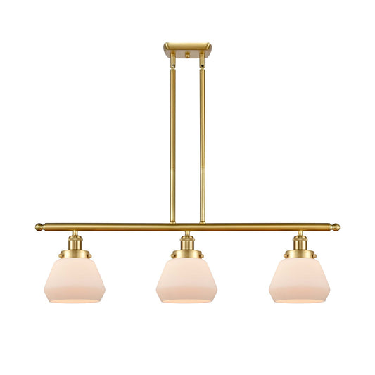 Innovations Fulton 36in 3-Light Island Light | Satin Gold Steel and Matte White Frosted Glass | Kitchen Island & Dining Room | Model 916-3I-SG-G171