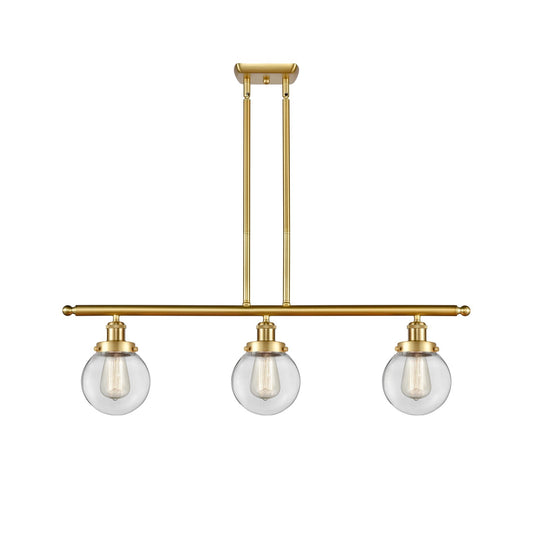 Innovations Beacon 36in 3-Light Island Light | Modern Transitional Satin Gold Steel and Clear Glass | Kitchen Island & Dining | Model 916-3I-SG-G202-6