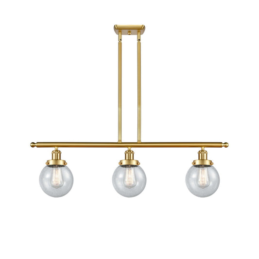 Innovations Beacon 36in 3-Light Island Light | Modern Transitional Satin Gold Steel and Seedy Glass | Kitchen Island & Dining | Model 916-3I-SG-G204-6