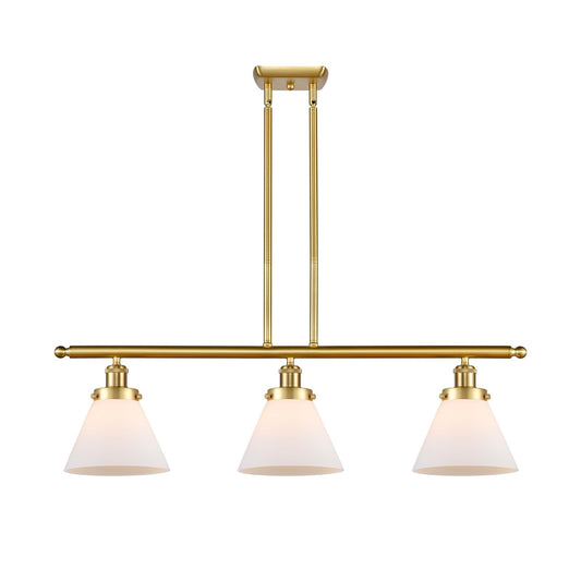 Innovations Cone 36in 3-Light Island Light | Industrial Transitional Satin Gold Steel and Matte White Frosted Glass | Kitchen Island | Model 916-3I-SG-G41
