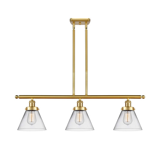 Innovations Cone 36in 3-Light Island Light | Industrial Satin Gold Steel and Clear Glass | Kitchen Island & Dining Room | Model 916-3I-SG-G42