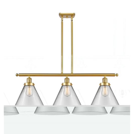 Innovations Cone 36in 3-Light Island Light | Industrial Satin Gold Steel and Clear Glass | Kitchen Island & Dining Room | Model 916-3I-SG-G42-L