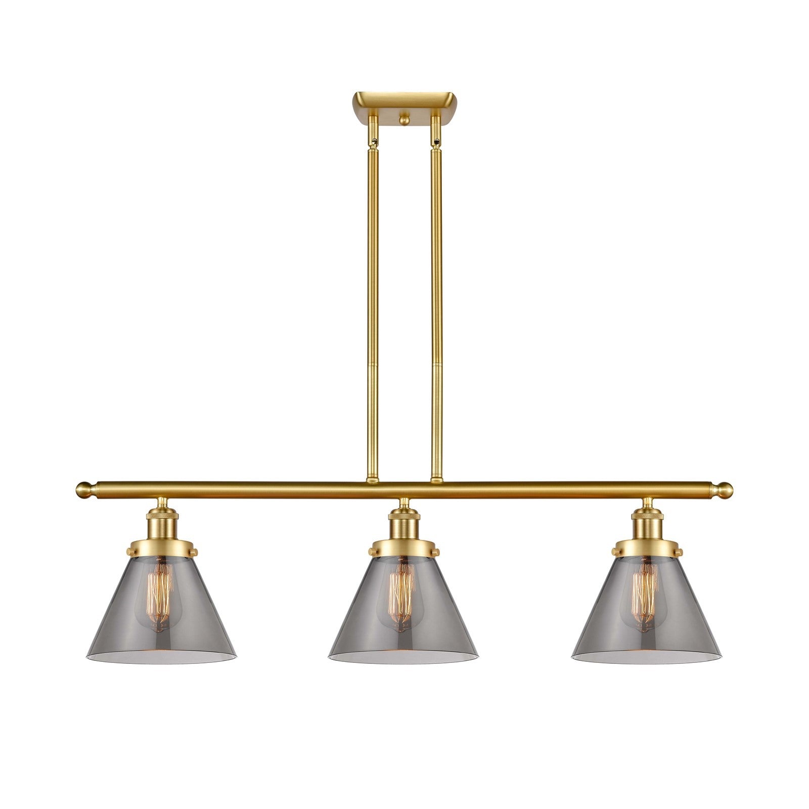 Innovations Cone 36in 3-Light Island Light | Industrial Satin Gold Steel and Light Smoke Glass | Kitchen Island & Dining Room | Model 916-3I-SG-G43