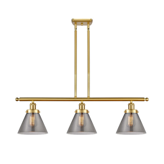 Innovations Cone 36in 3-Light Island Light | Industrial Satin Gold Steel and Light Smoke Glass | Kitchen Island & Dining Room | Model 916-3I-SG-G43