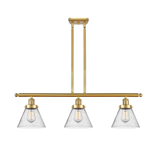 Innovations Cone 36in 3-Light Island Light | Industrial Satin Gold Steel and Seedy Glass | Kitchen Island & Dining Room | Model 916-3I-SG-G44