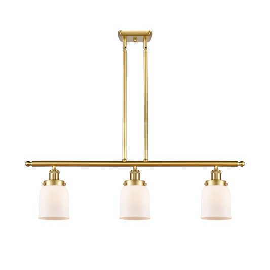 Innovations Bell 36in 3-Light Island Light | Industrial Satin Gold Steel and Matte White Frosted Glass | Kitchen Island & Dining | Model 916-3I-SG-G51