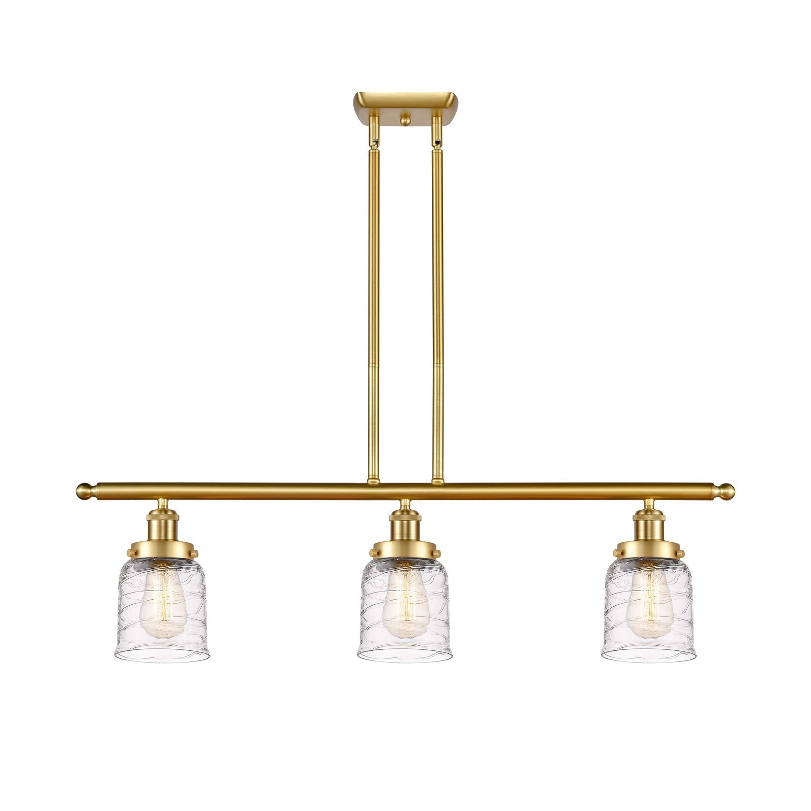 Innovations Bell 36in 3-Light Island Light | Industrial Satin Gold Steel and Clear Deco Swirl Glass | Kitchen Island & Dining Room | Model 916-3I-SG-G513