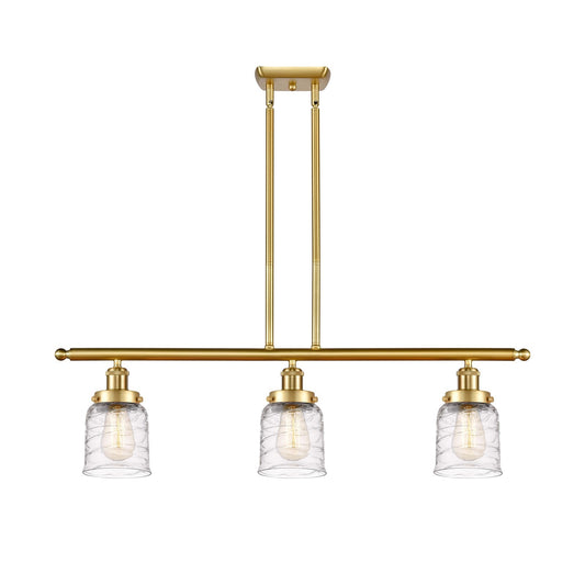 Innovations Bell 36in 3-Light Island Light | Industrial Satin Gold Steel and Clear Deco Swirl Glass | Kitchen Island & Dining Room | Model 916-3I-SG-G513