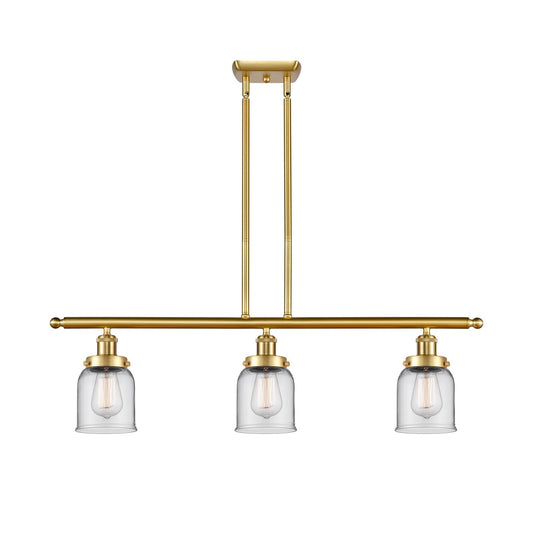 Innovations Bell 36in 3-Light Island Light | Industrial Satin Gold Steel and Clear Glass | Kitchen Island & Dining Room | Model 916-3I-SG-G52