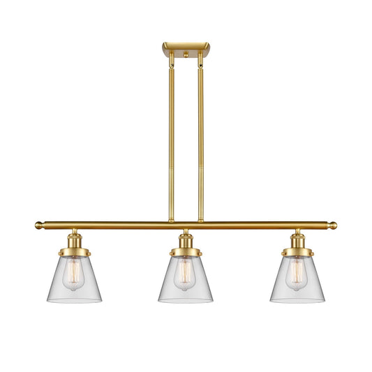 Innovations Cone 36in 3-Light Island Light | Industrial Satin Gold Steel and Clear Glass | Kitchen Island & Dining Room | Model 916-3I-SG-G62