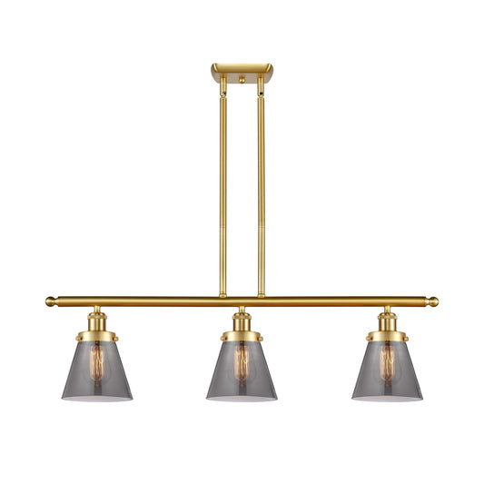 Innovations Cone 36in 3-Light Island Light | Industrial Satin Gold Steel and Light Smoke Glass | Kitchen Island & Dining Room | Model 916-3I-SG-G63