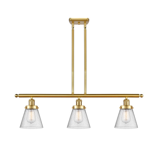Innovations Cone 36in 3-Light Island Light | Industrial Satin Gold Steel and Seedy Glass | Kitchen Island & Dining Room | Model 916-3I-SG-G64