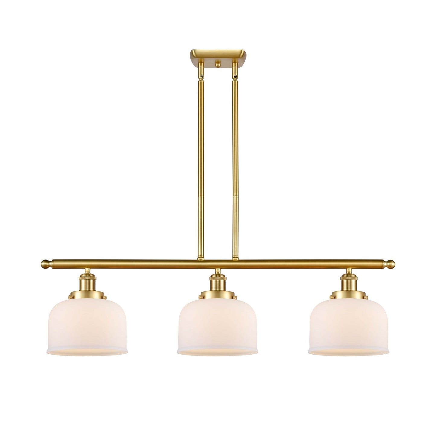 Innovations Bell 36in 3-Light Island Light | Industrial Satin Gold Steel and Matte White Glass | Kitchen Island & Dining Room | Model 916-3I-SG-G71