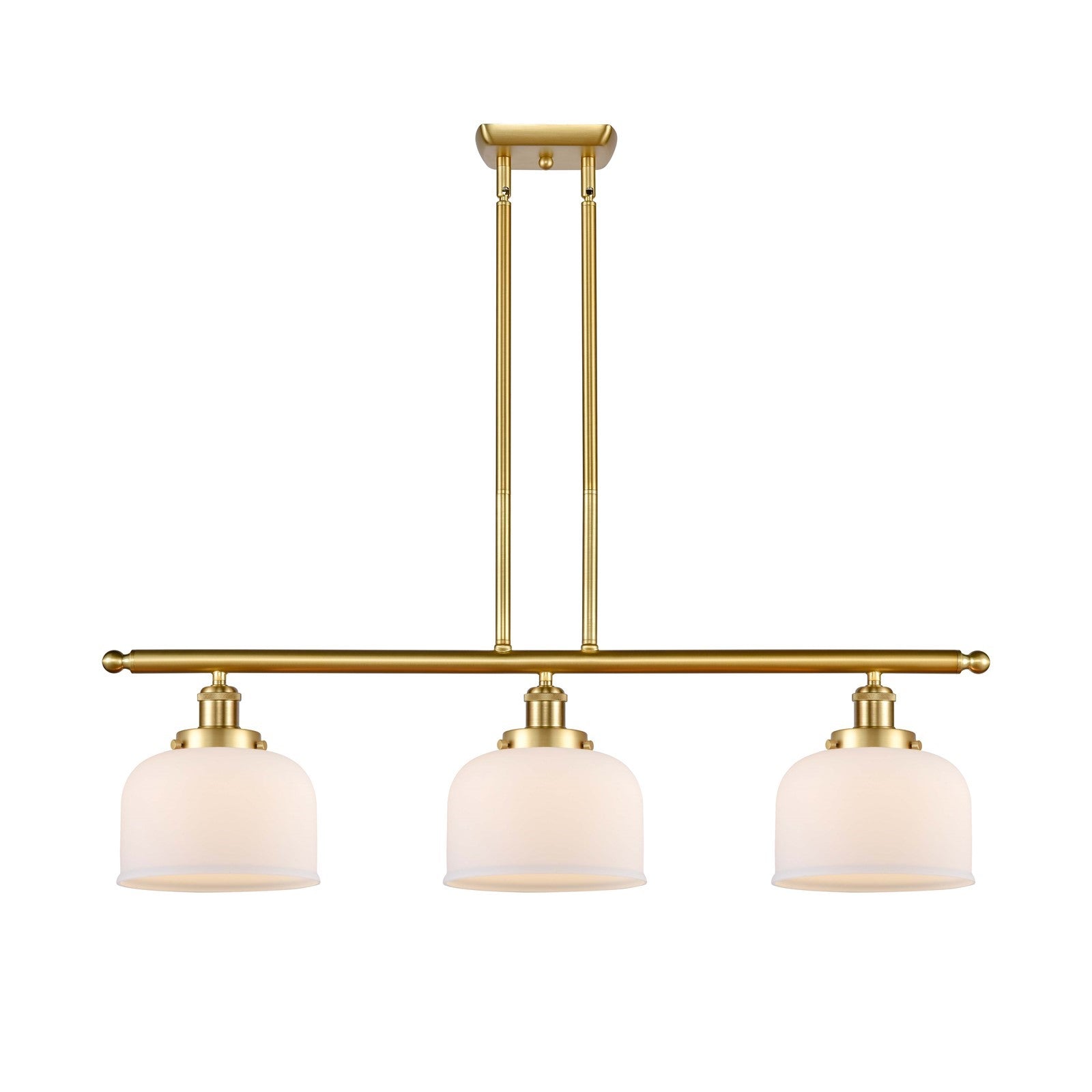 Innovations Bell 36in 3-Light Island Light | Industrial Satin Gold Steel and Matte White Glass | Kitchen Island & Dining Room | Model 916-3I-SG-G71