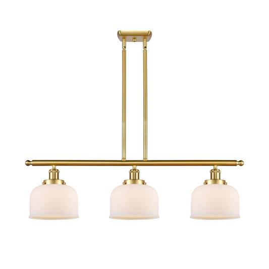 Innovations Bell 36in 3-Light Island Light | Industrial Satin Gold Steel and Matte White Glass | Kitchen Island & Dining Room | Model 916-3I-SG-G71